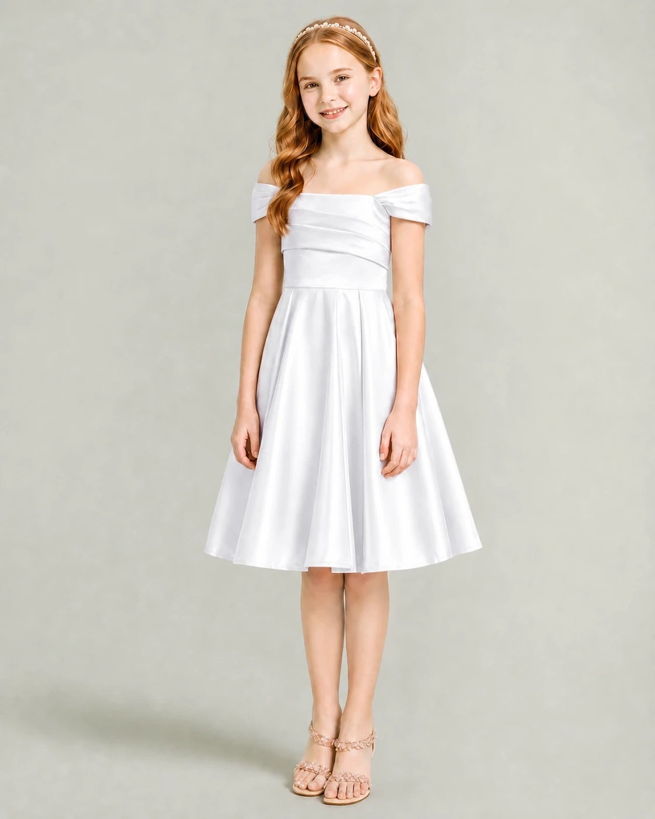 White Junior Bridesmaid Dress Off-Shoulder Ruched Satin Knee-Length A-Line Gown Front Full View