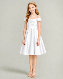 White Junior Bridesmaid Dress Off-Shoulder Ruched Satin Knee-Length A-Line Gown Front Full View