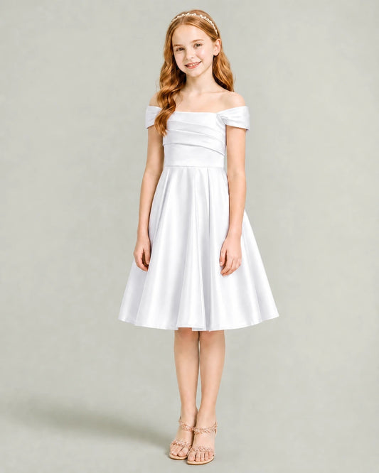 White Satin A-line Junior Bridesmaid Dress Front View