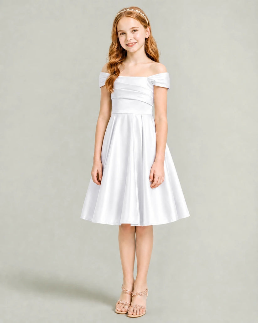 White Satin A-line Junior Bridesmaid Dress Front View