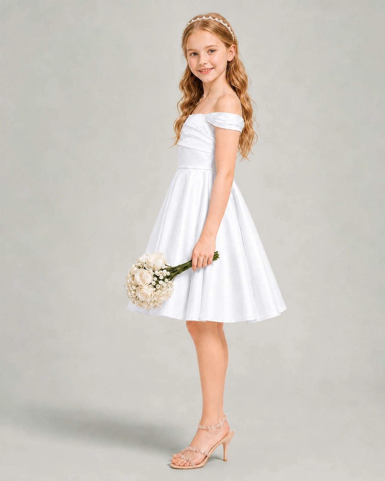 White Junior Bridesmaid Dress Off-Shoulder Ruched Satin Knee-Length A-Line Gown Side View