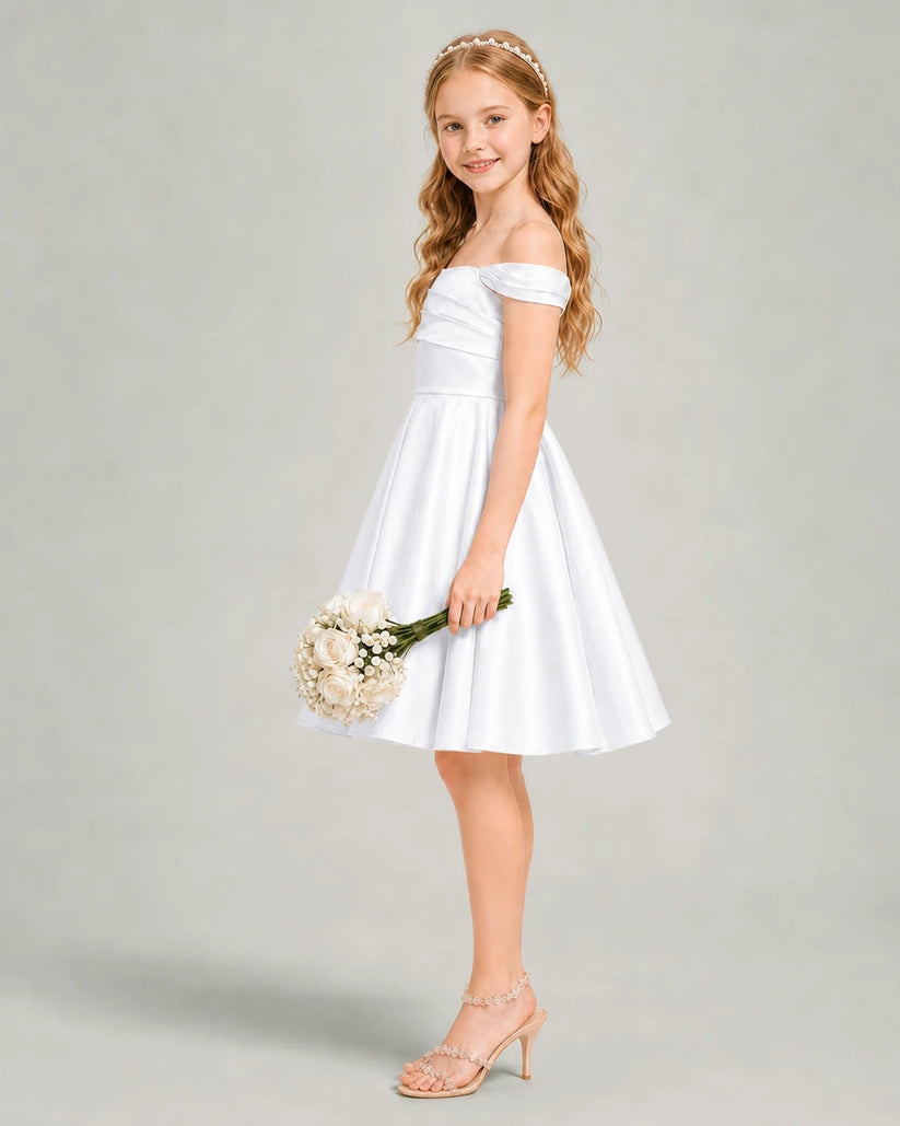 White Satin A-line Junior Bridesmaid Dress Side View