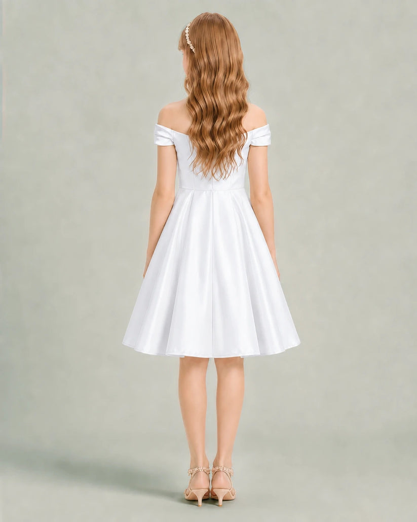 White Satin A-line Junior Bridesmaid Dress Back View