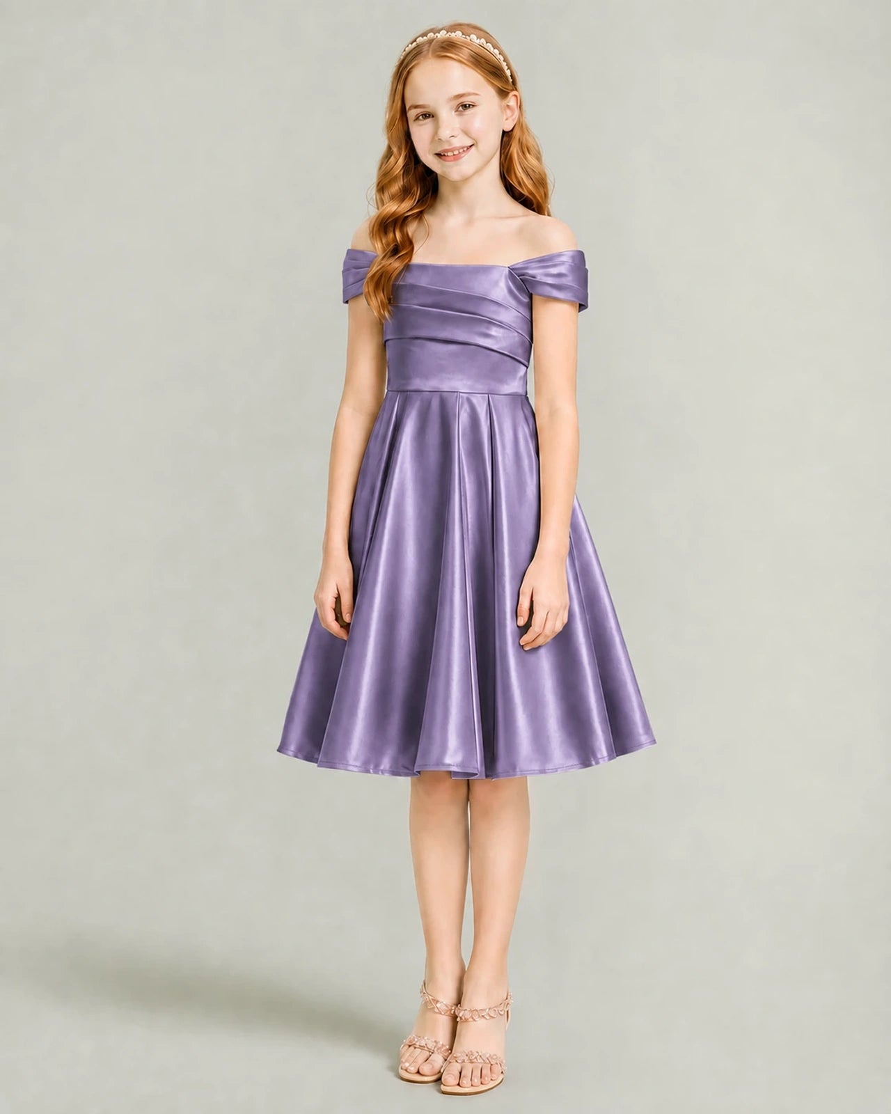 Wisteria Junior Bridesmaid Dress Off-Shoulder Ruched Satin Knee-Length A-Line Gown Front Full View