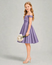 Wisteria Junior Bridesmaid Dress Off-Shoulder Ruched Satin Knee-Length A-Line Gown Side View