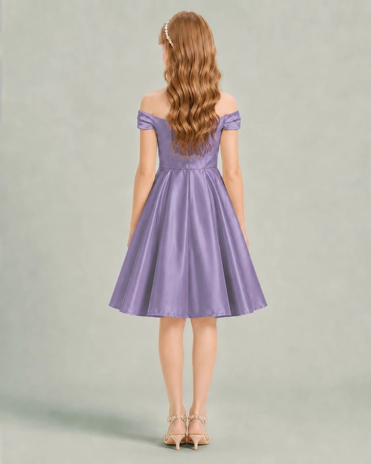 Wisteria Junior Bridesmaid Dress Off-Shoulder Ruched Satin Knee-Length A-Line Gown Back View