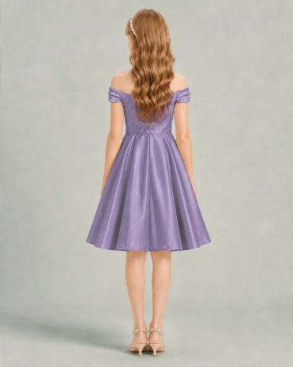 Wisteria Junior Bridesmaid Dress Off-Shoulder Ruched Satin Knee-Length A-Line Gown Back View