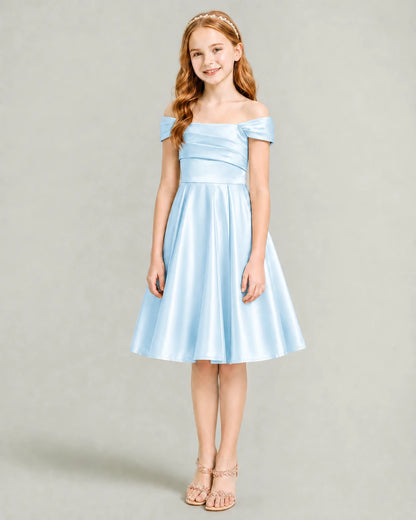Baby Blue Junior Bridesmaid Dress Off-Shoulder Ruched Satin Knee-Length A-Line Gown Front Full View