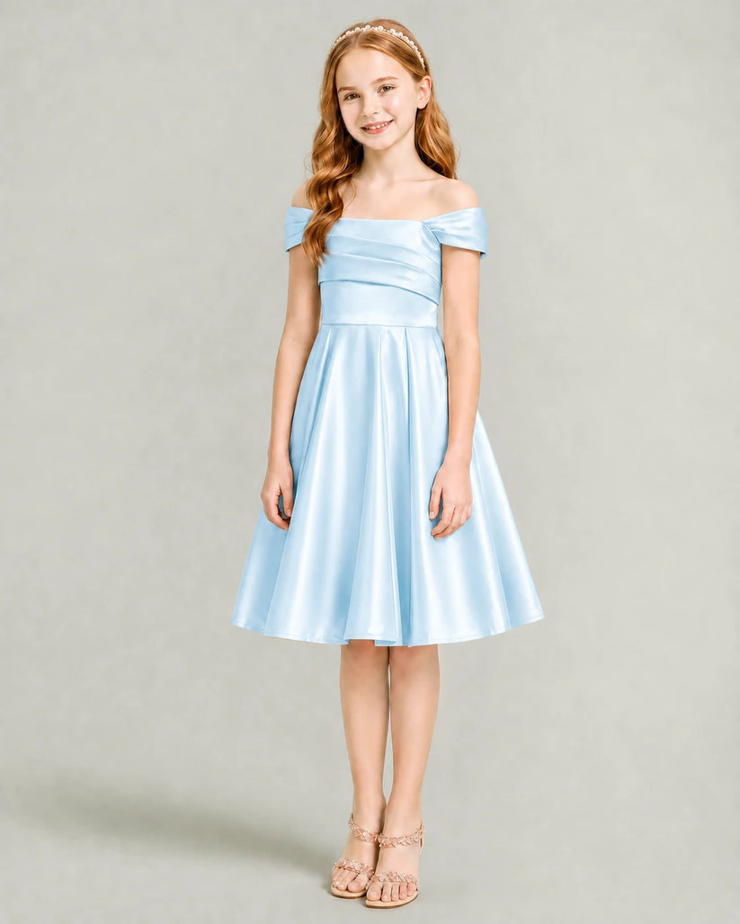 Baby Blue Satin A-line Junior Bridesmaid Dress Front View
