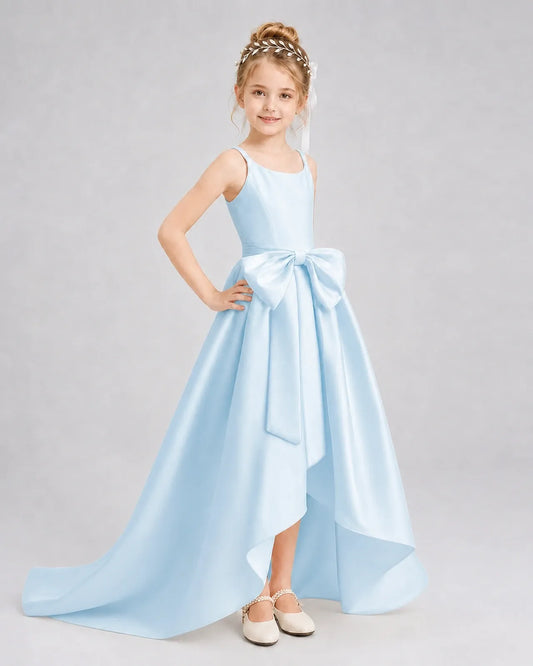 Baby Blue Satin A-line Girls Formal Dress Front View