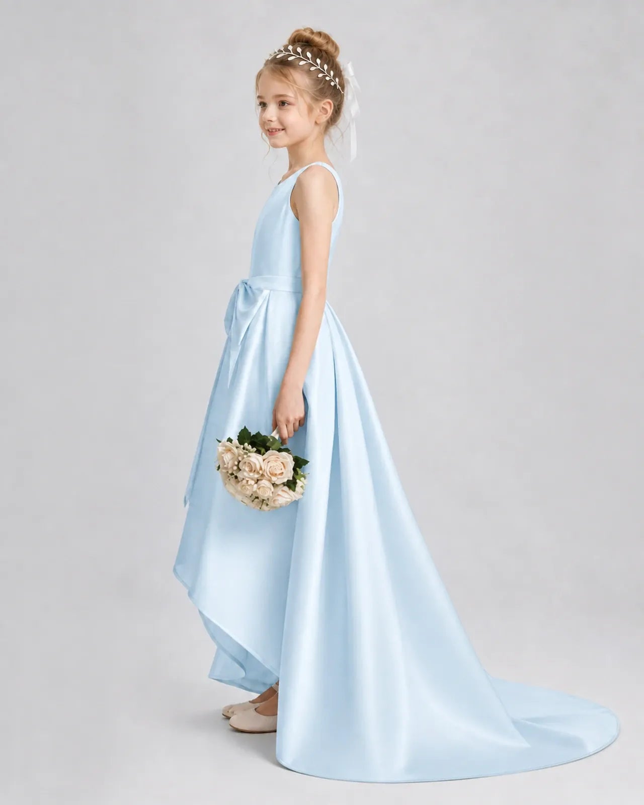 Baby Blue Satin A-line Girls Formal Dress Side View