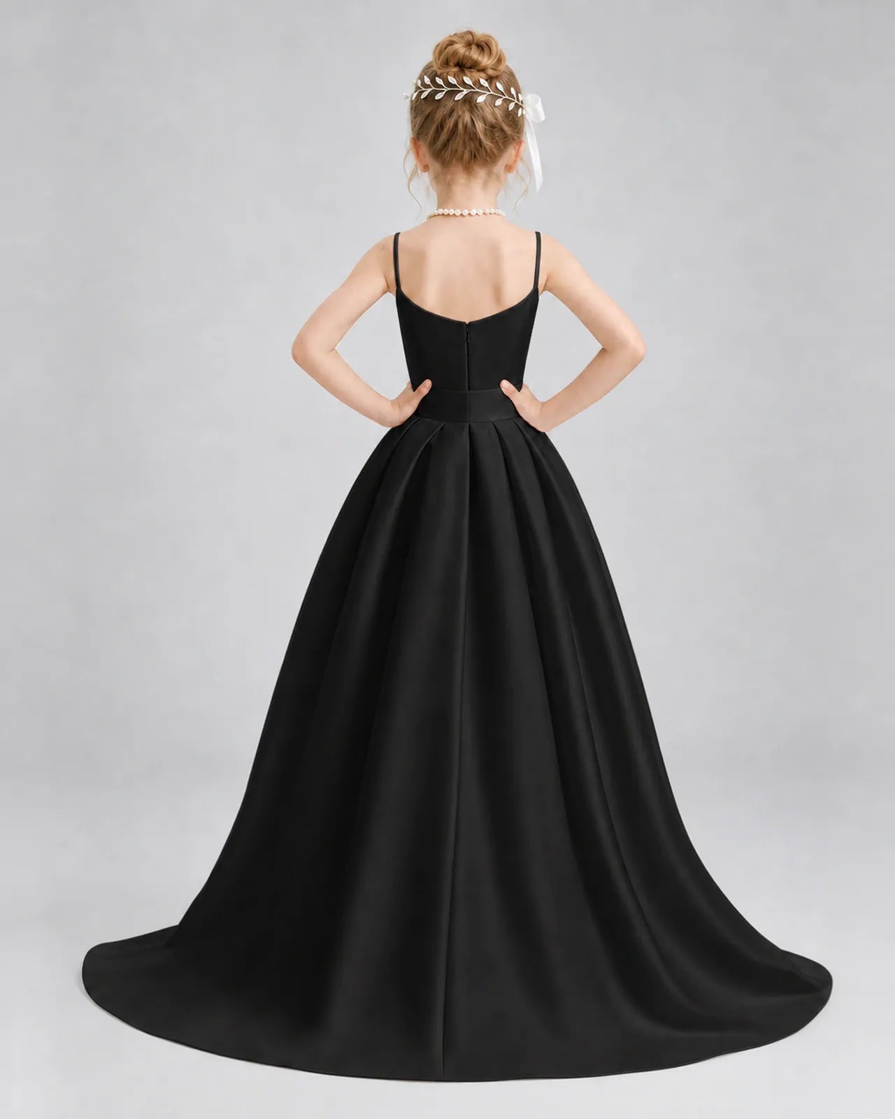 Black Satin A-line Girls Formal Dress Back View