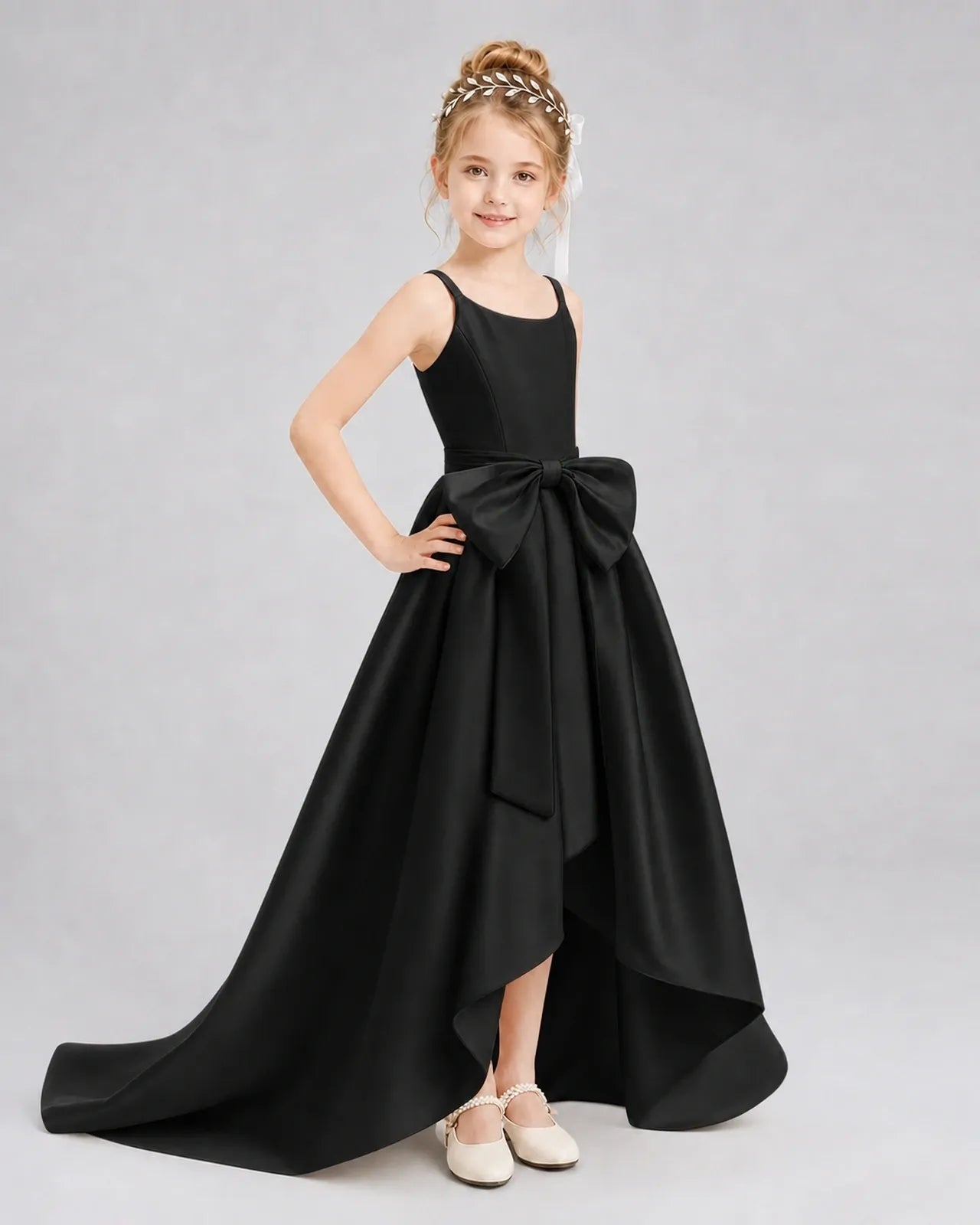 Black Satin A-line Girls Formal Dress Front View