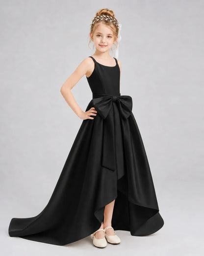 Black Satin A-line Girls Formal Dress Front View