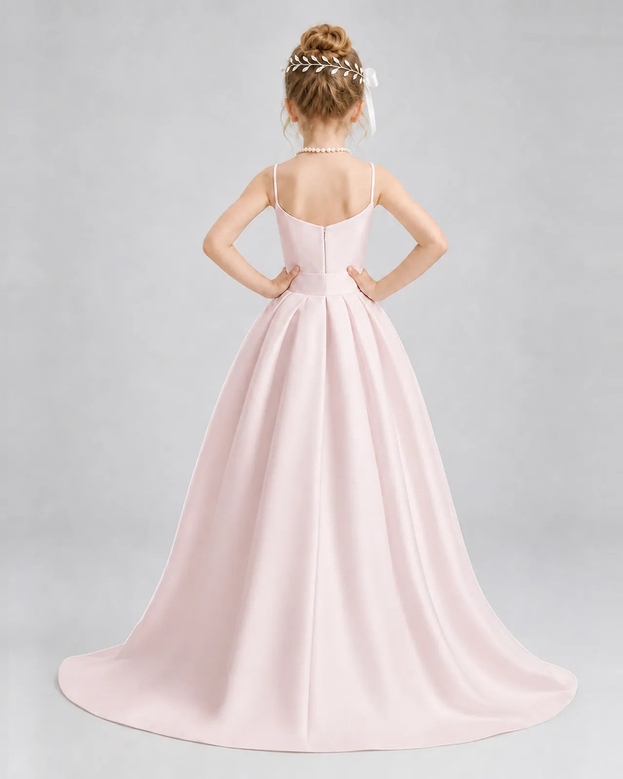 Blush Pink Satin A-line Girls Formal Dress Back View