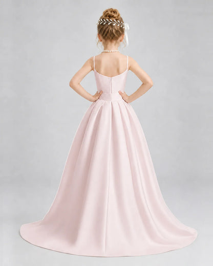Blush Pink Satin A-line Girls Formal Dress Back View