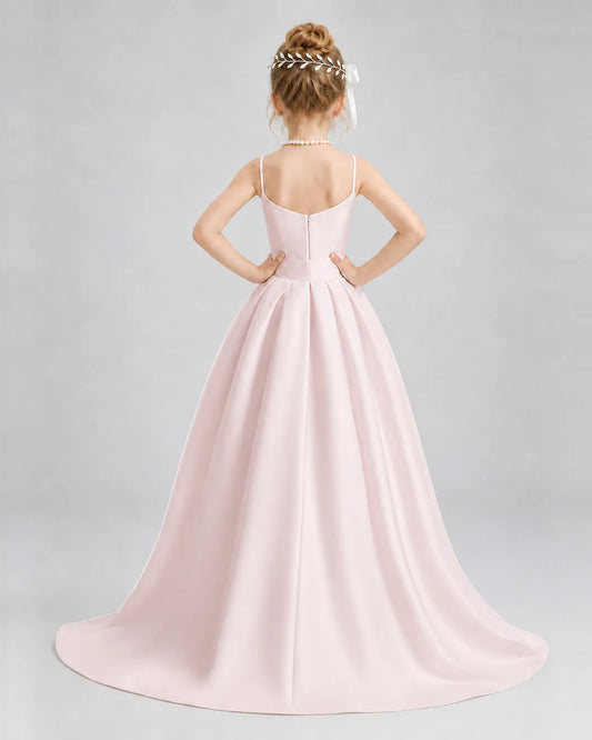 Blush Pink Satin A-line Girls Formal Dress Back View