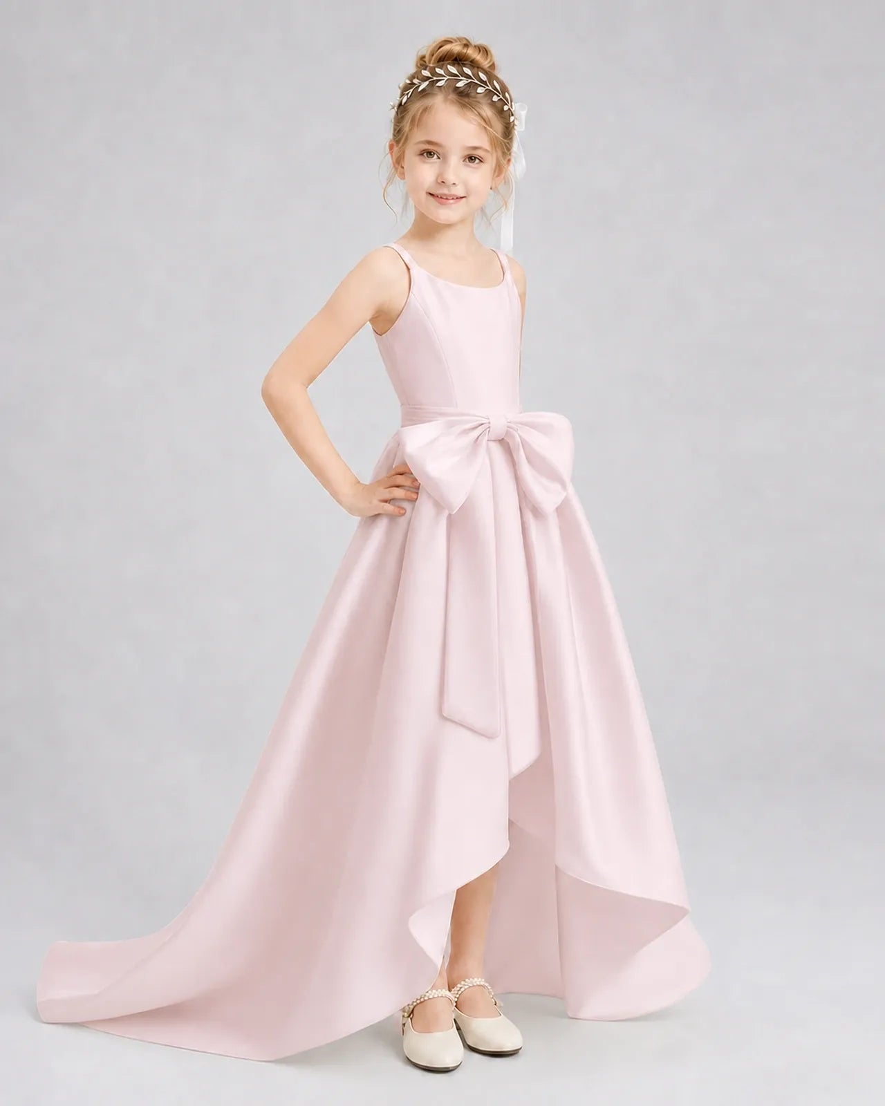 Blush Pink Satin A-line Girls Formal Dress Front View