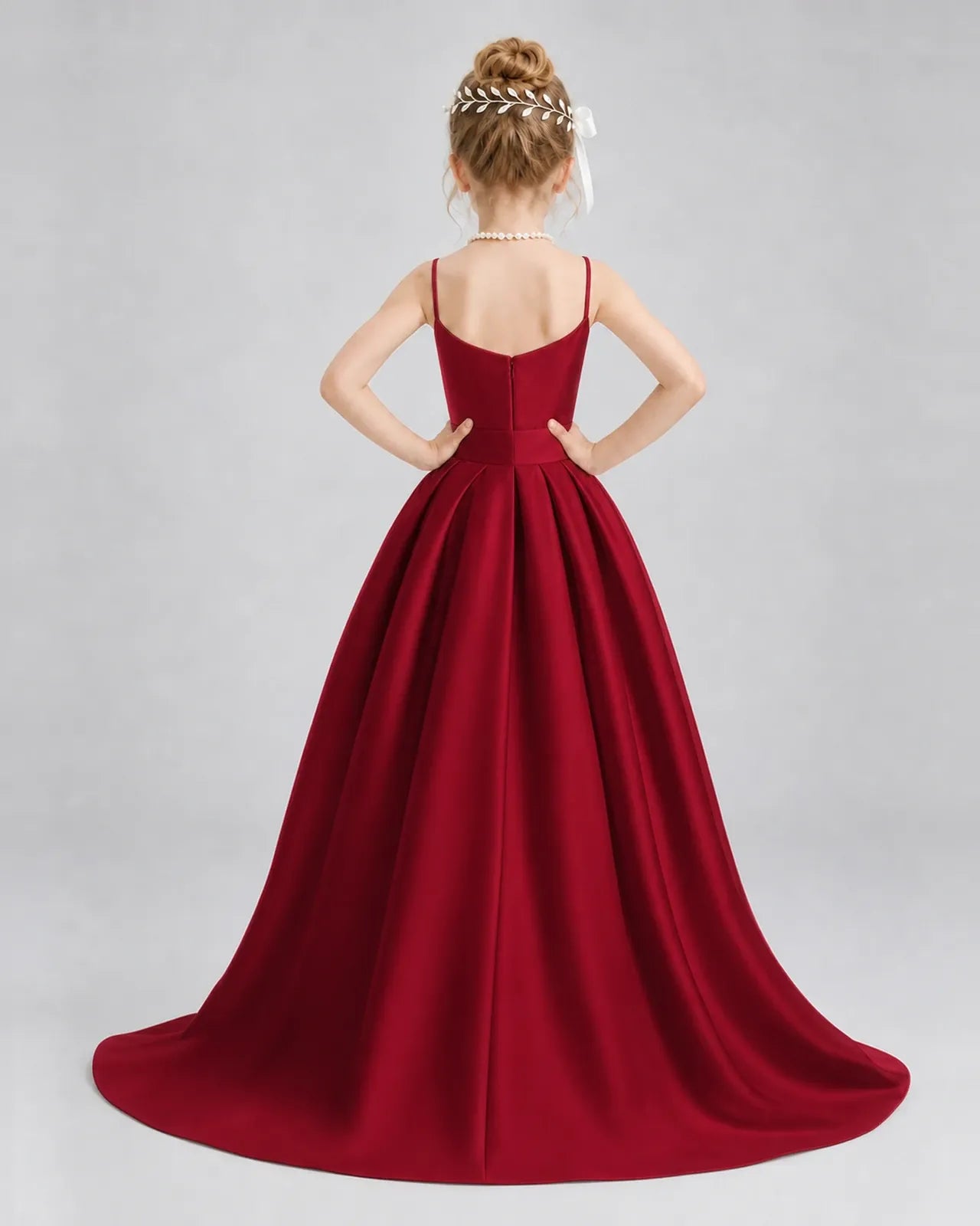 Burgundy Satin A-line Girls Formal Dress Back View
