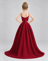 Burgundy Satin A-line Girls Formal Dress Back View
