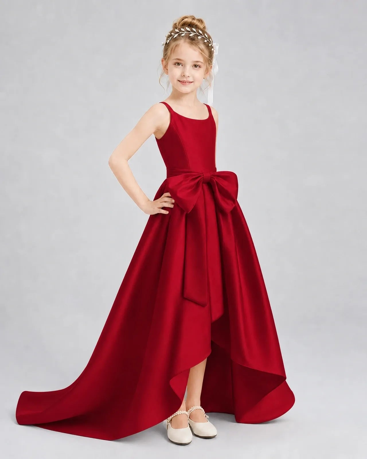 Burgundy Satin A-line Girls Formal Dress Front View