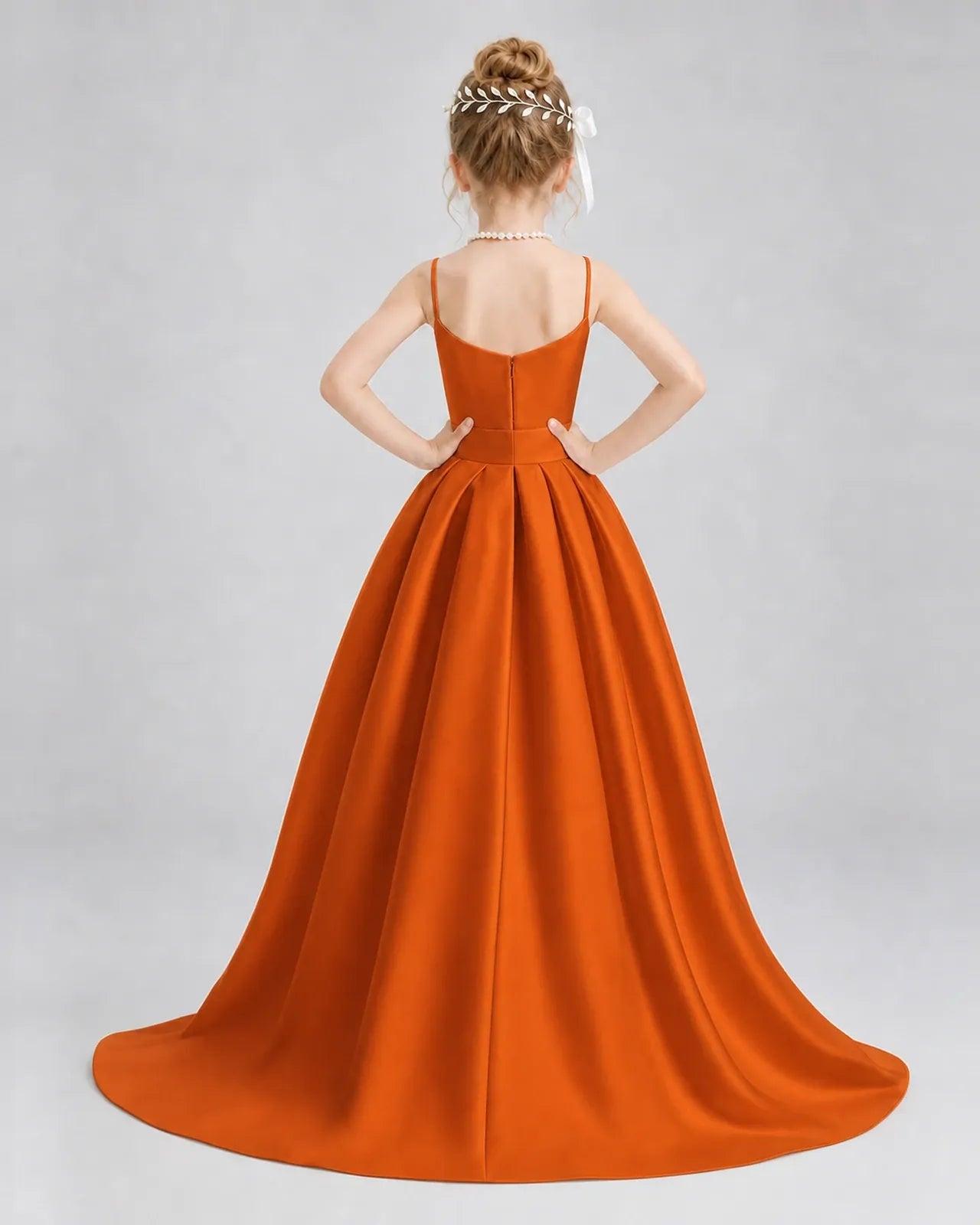 Burnt Orange Satin A-line Girls Formal Dress Back View