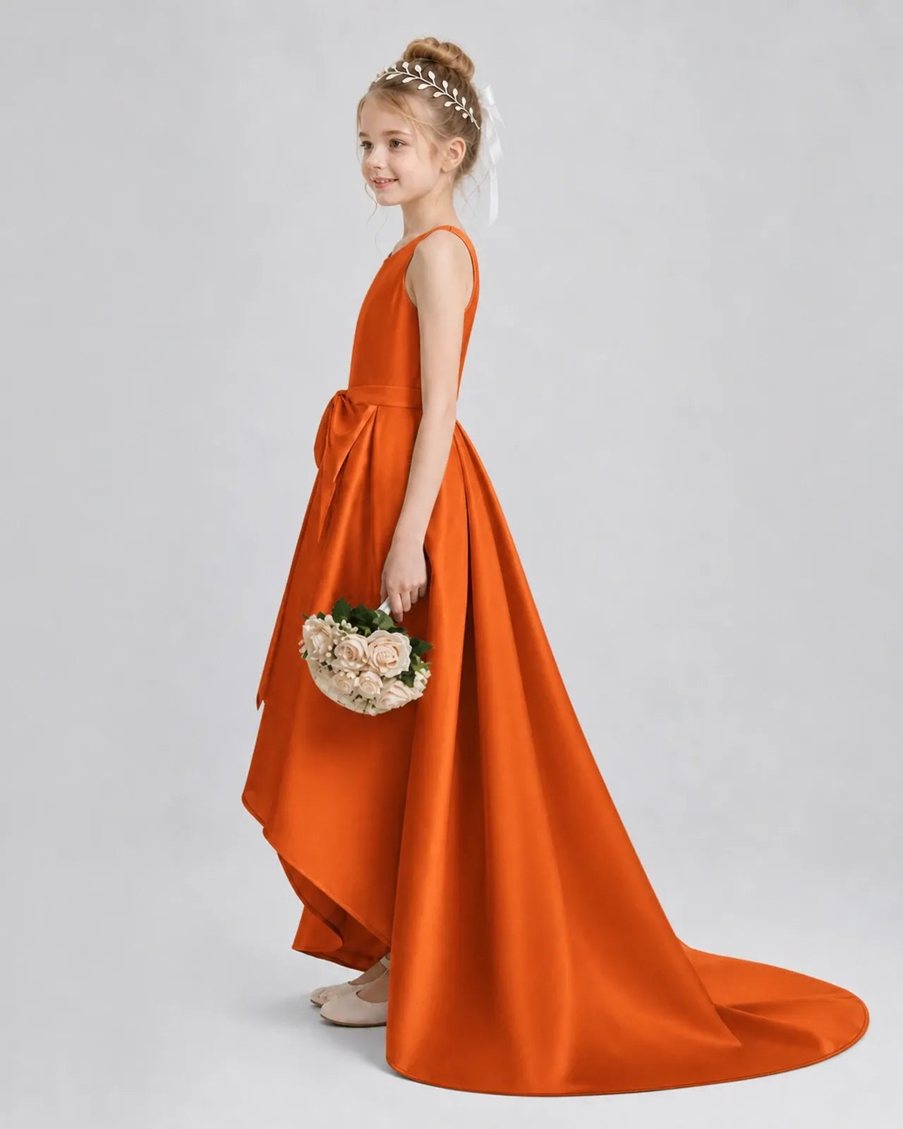 Burnt Orange Satin A-line Girls Formal Dress Side View