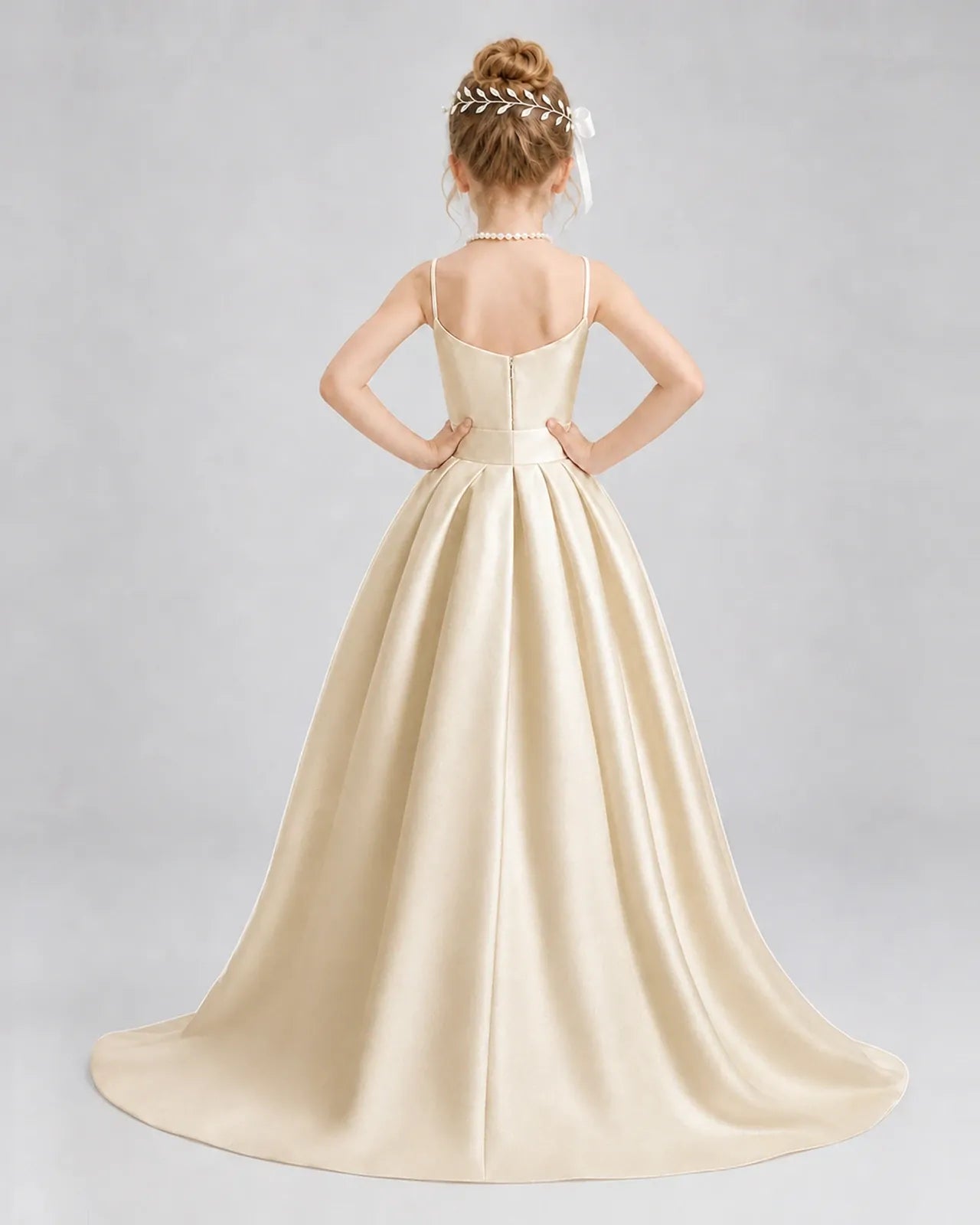 Champagne Satin A-line Girls Formal Dress Back View