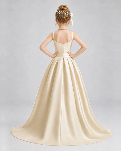 Champagne Satin A-line Girls Formal Dress Back View