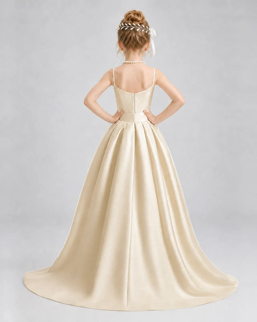 Champagne Satin A-line Girls Formal Dress Back View