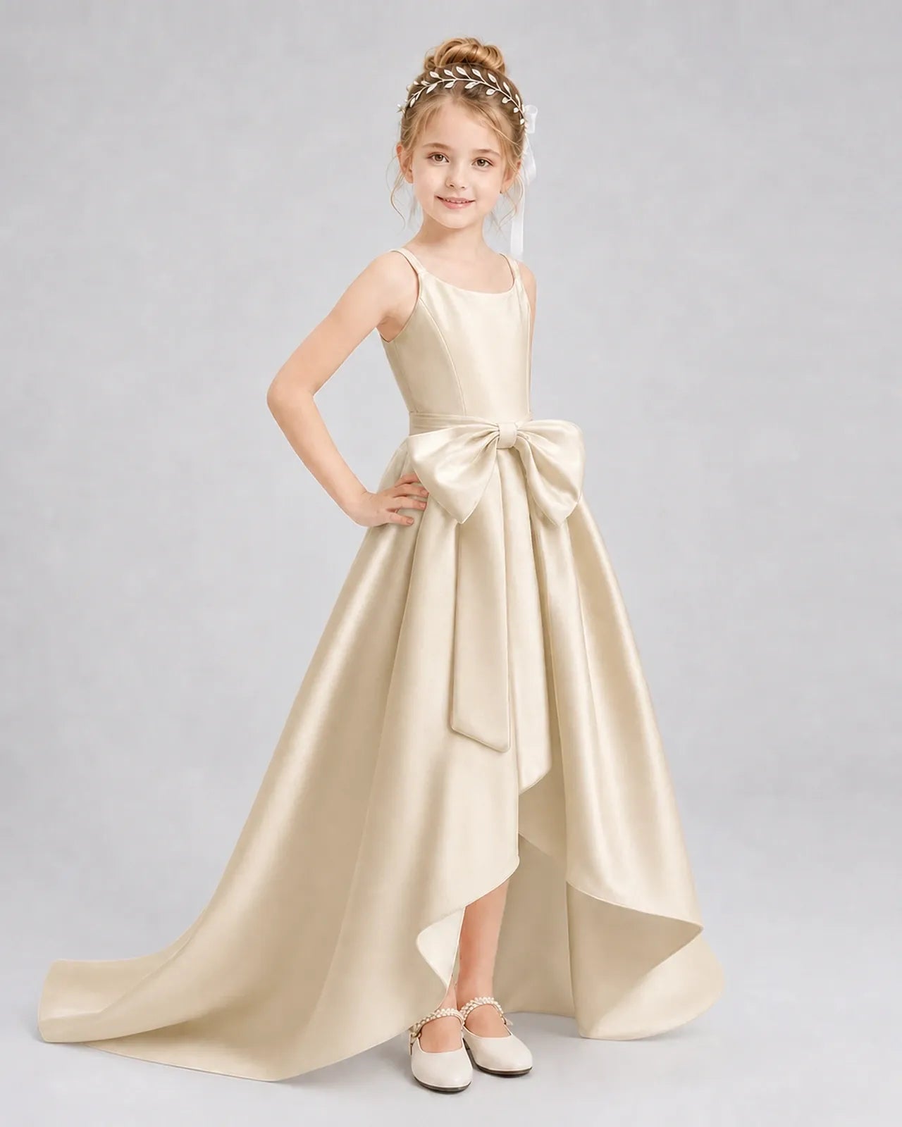 Champagne Satin A-line Girls Formal Dress Front View