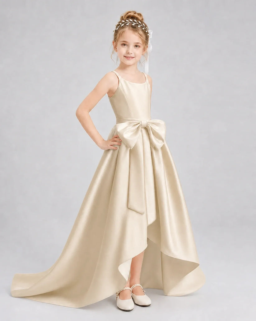 Champagne Satin A-line Girls Formal Dress Front View