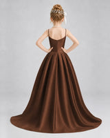 Chocolate Satin A-line Girls Formal Dress Back View