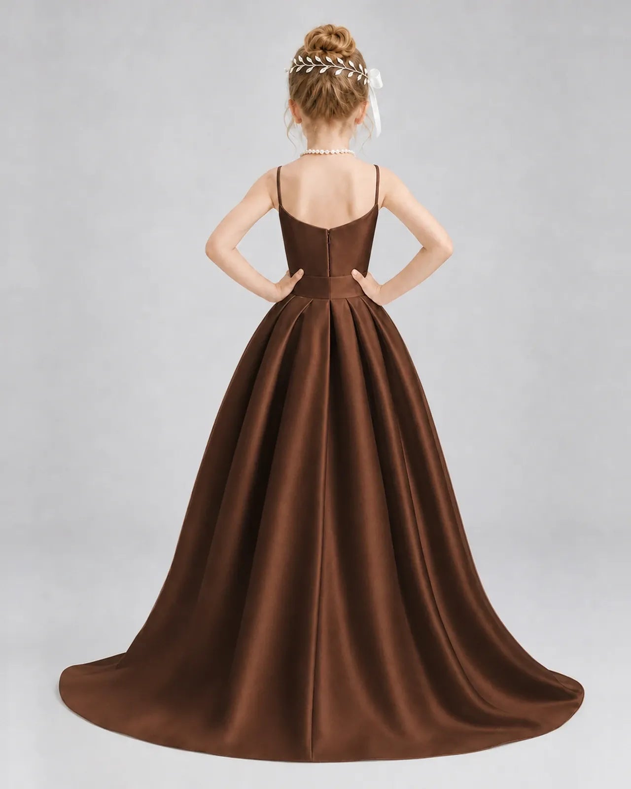 Chocolate Satin A-line Girls Formal Dress Back View