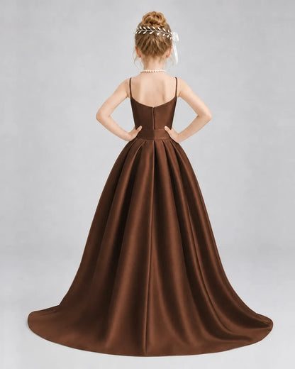 Chocolate Satin A-line Girls Formal Dress Back View