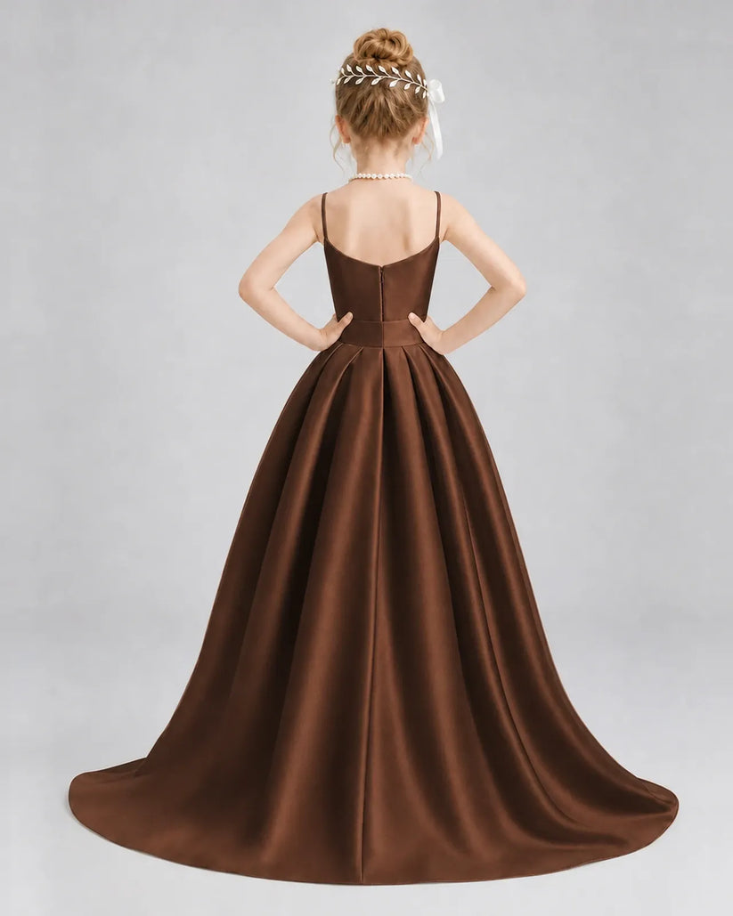 Chocolate Satin A-line Girls Formal Dress Back View