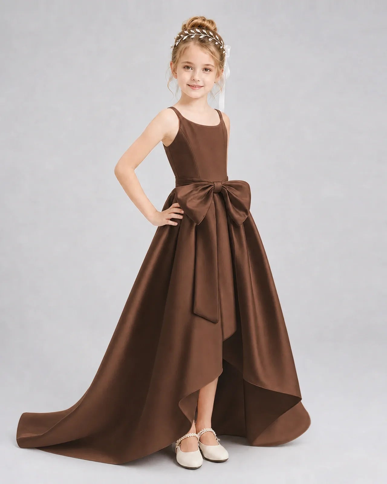 Chocolate Satin A-line Girls Formal Dress Front View