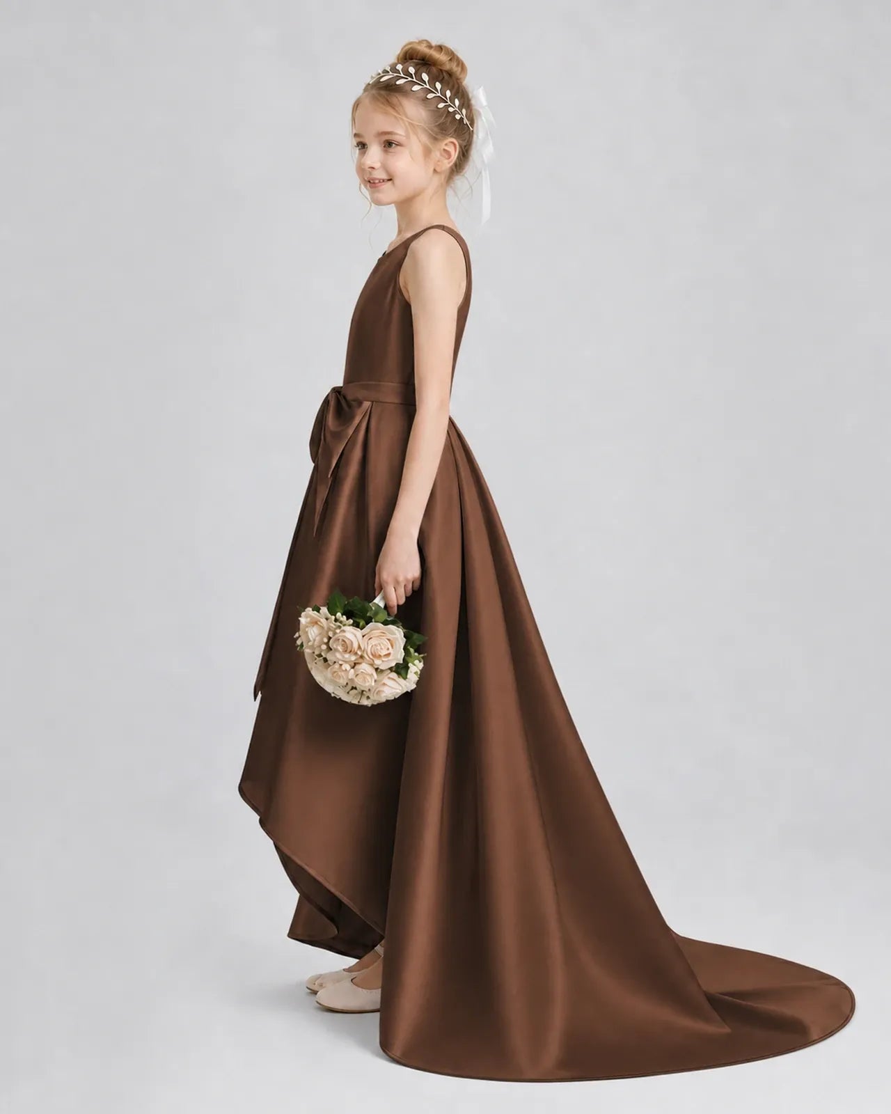 Chocolate Satin A-line Girls Formal Dress Side View