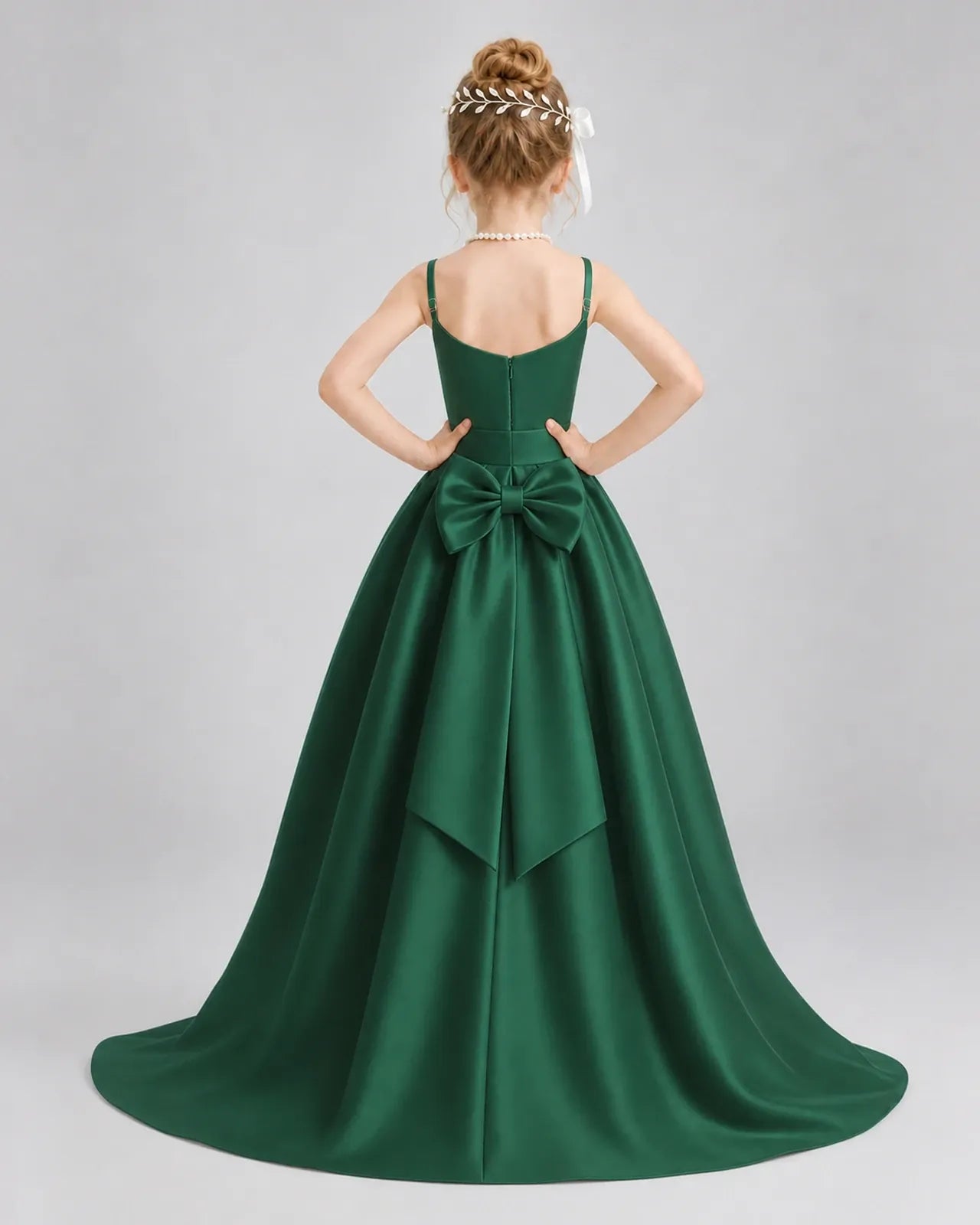 Dark Green Satin A-line Girls Formal Dress Back View