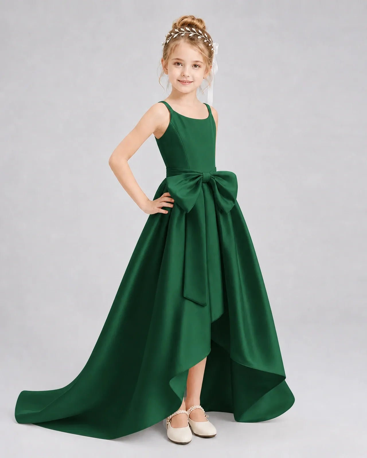 Dark Green Satin A-line Girls Formal Dress Front View