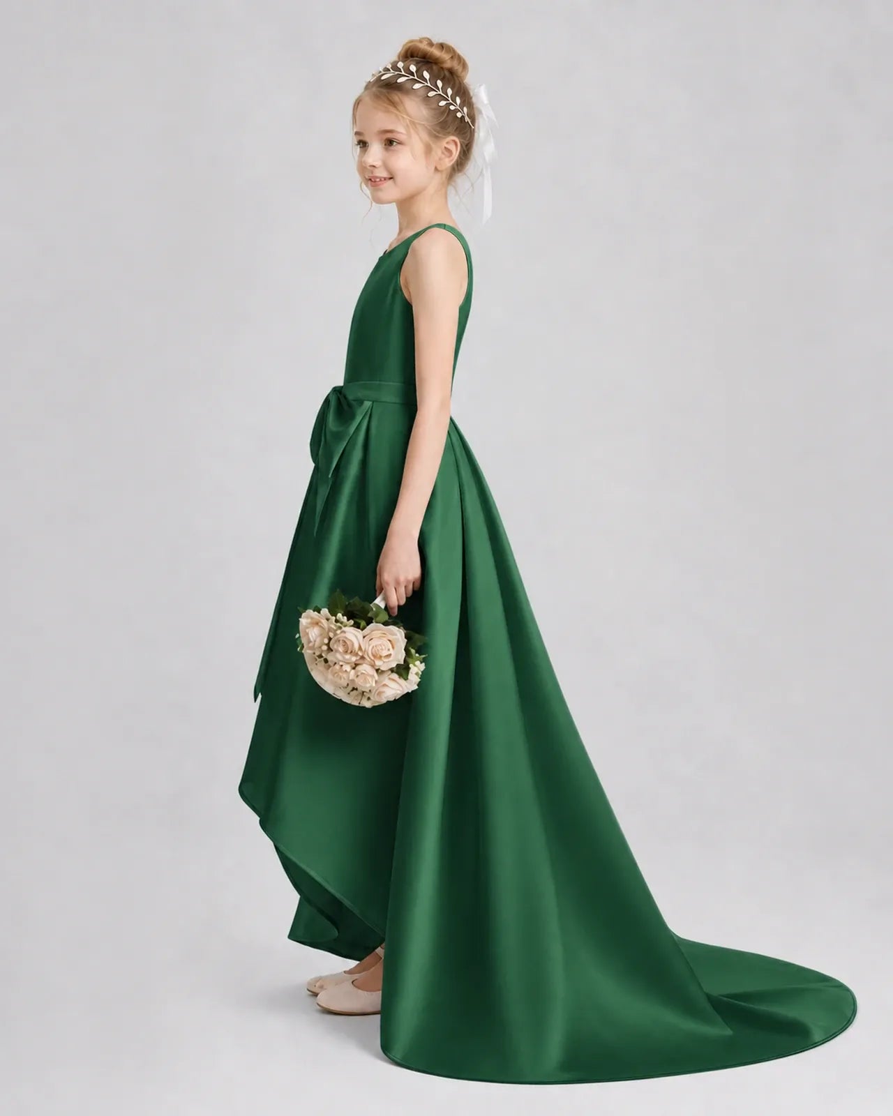 Dark Green Satin A-line Girls Formal Dress Side View