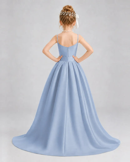 Dusty Blue Satin A-line Girls Formal Dress Back View
