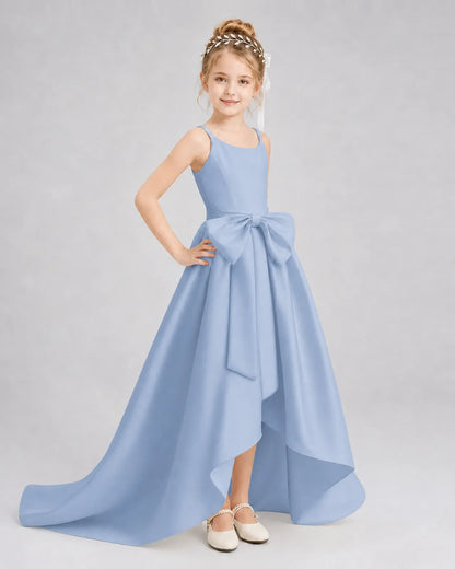 Dusty Blue Satin A-line Girls Formal Dress Front View