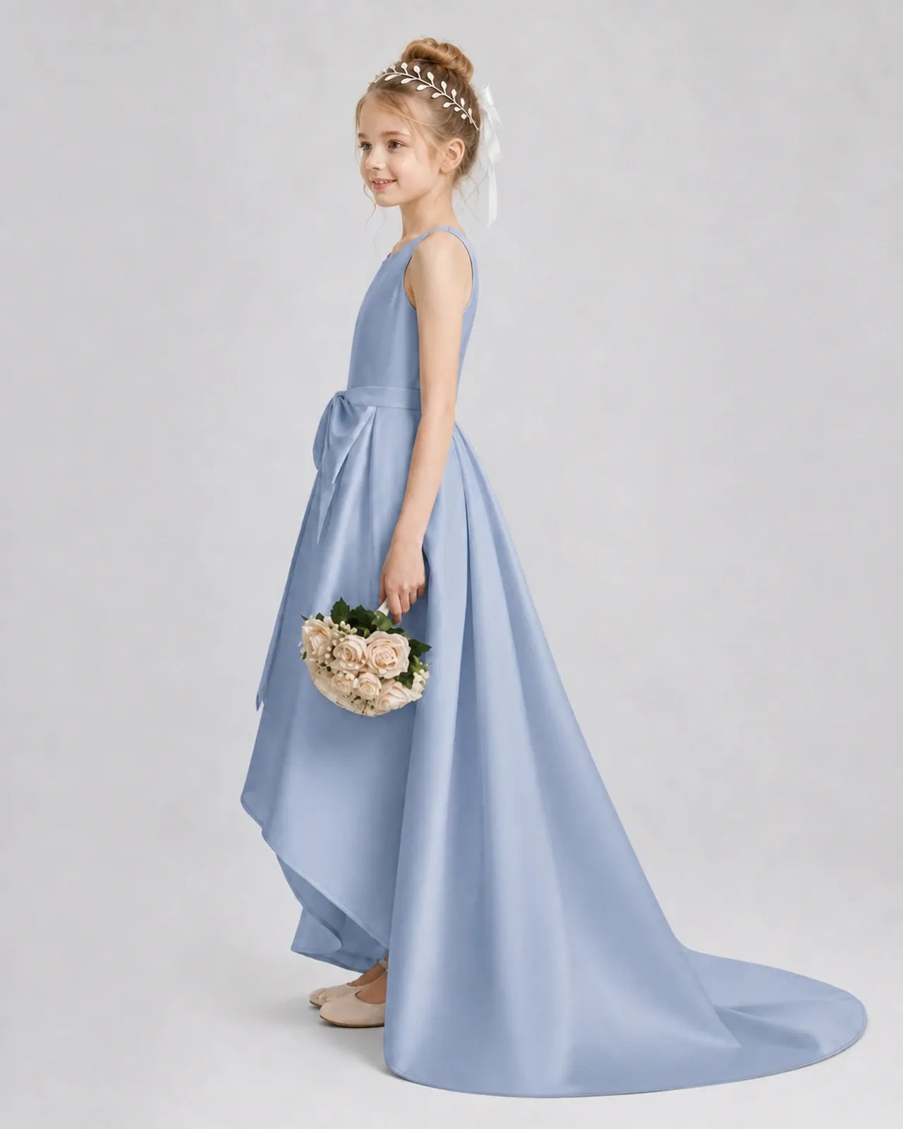 Dusty Blue Satin A-line Girls Formal Dress Side View
