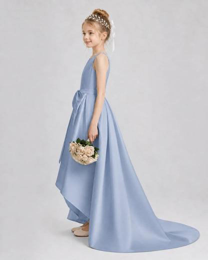 Dusty Blue Satin A-line Girls Formal Dress Side View