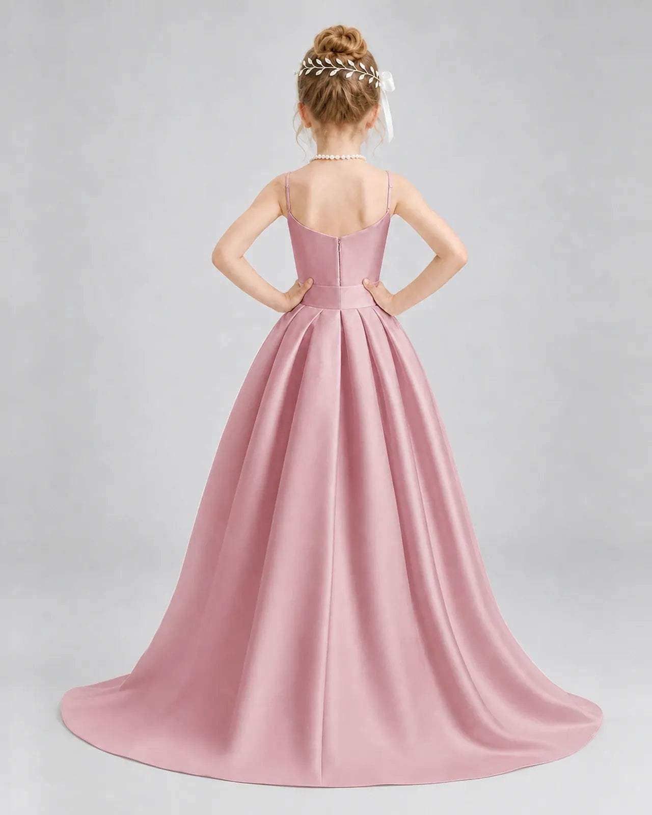Dusty Rose Satin A-line Girls Formal Dress Back View