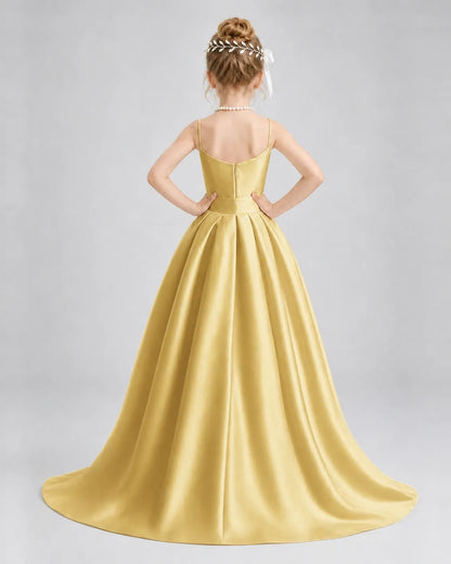 Gold Satin A-line Girls Formal Dress Back View
