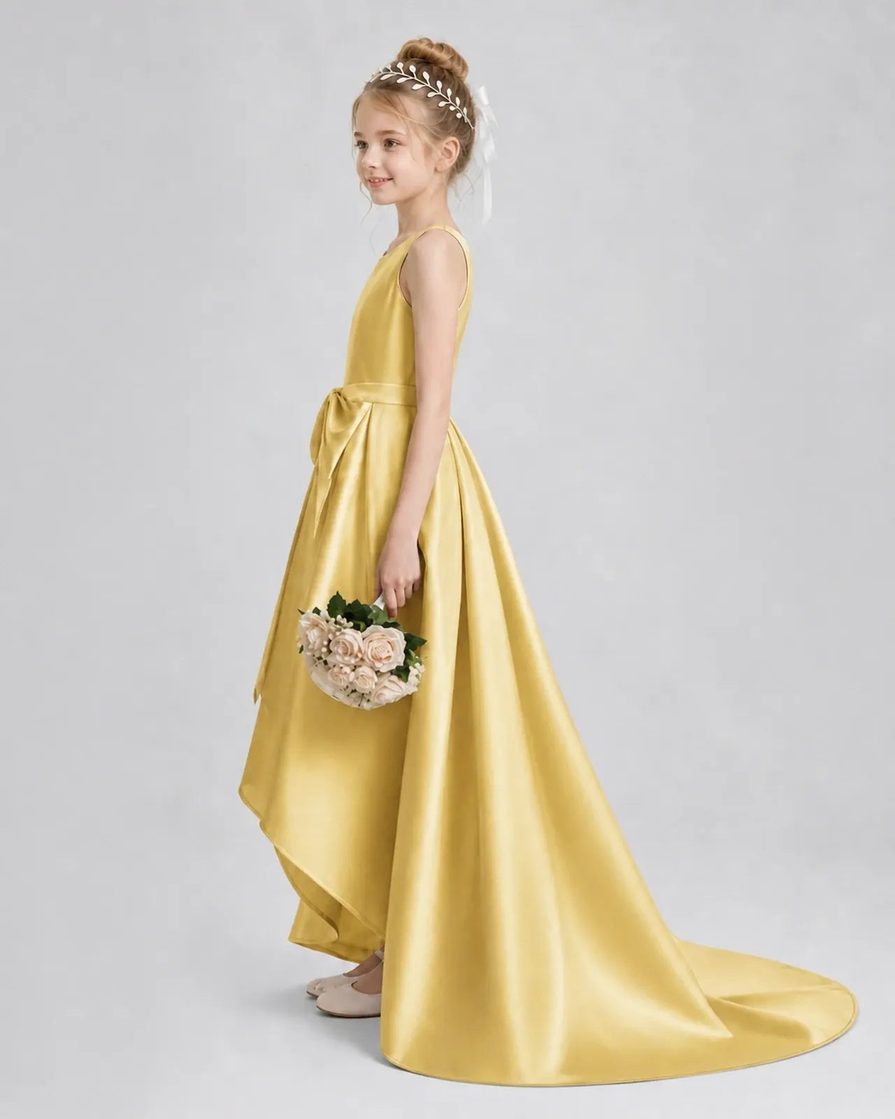 Gold Satin A-line Girls Formal Dress Side View