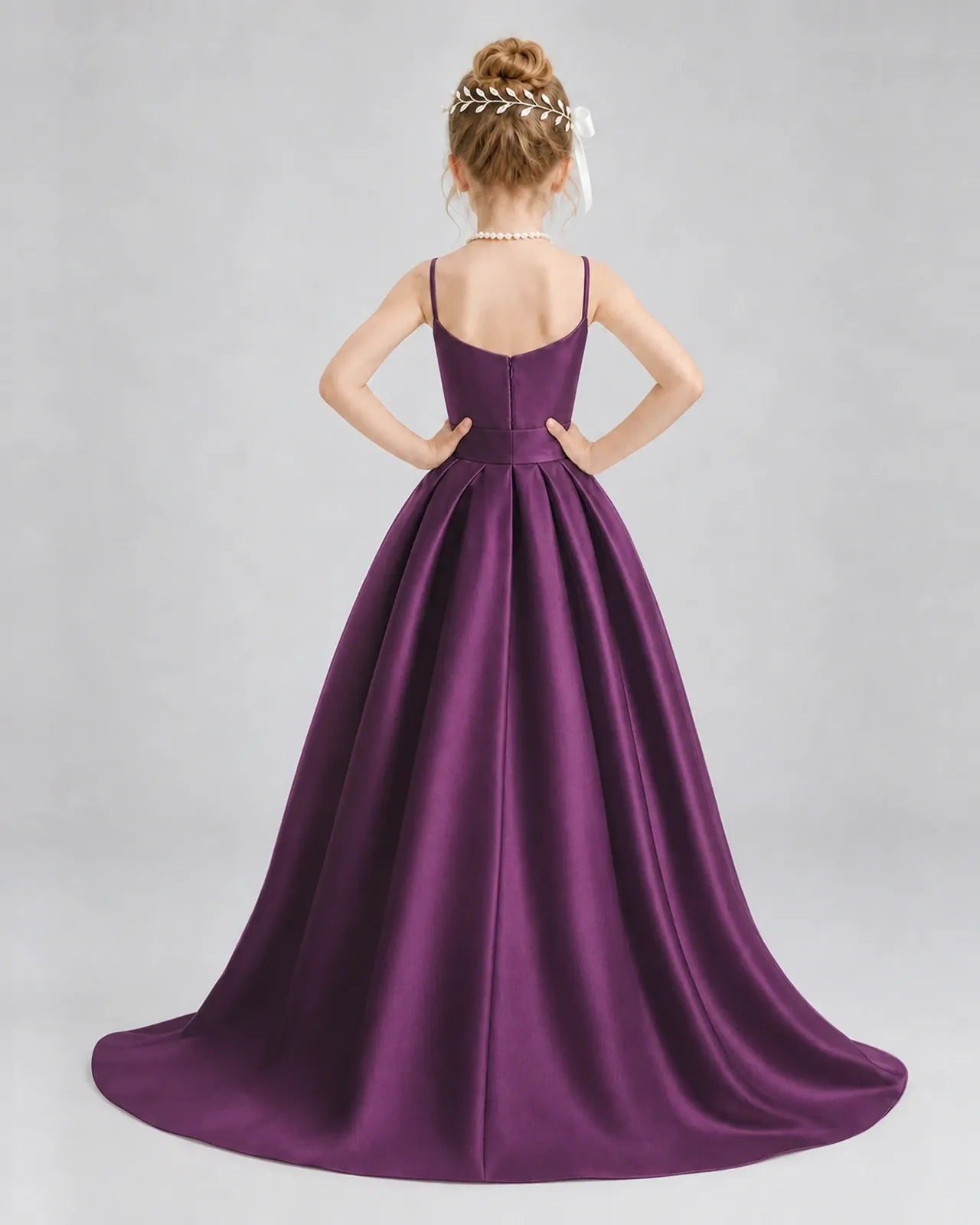 Grape Satin A-line Girls Formal Dress Back View