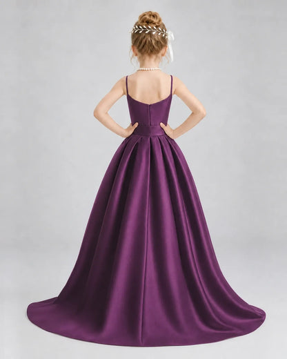 Grape Satin A-line Girls Formal Dress Back View